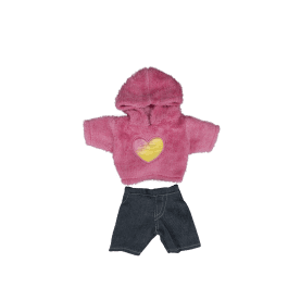 Felpa con cappuccio a forma di cuore rosa con pantaloni in denim (40 cm)